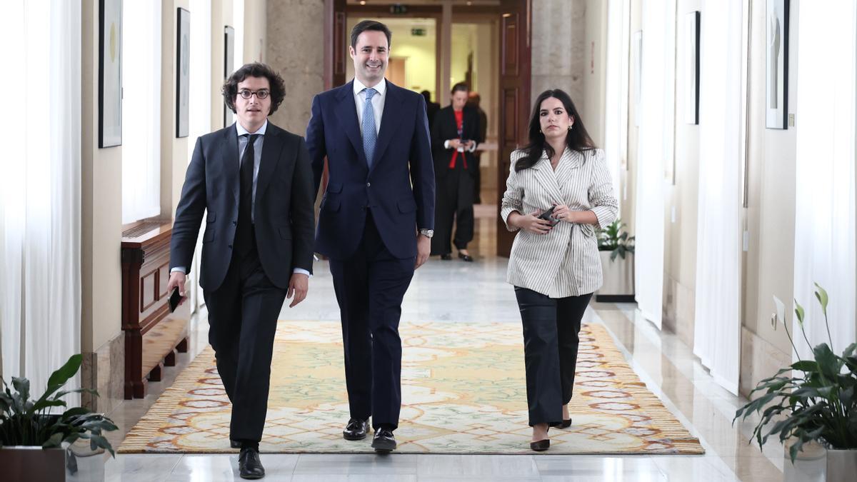 Los diputados de Vox José María Figaredo, Ignacio Hoces y la portavoz, Pepa Millán, a su llegada a la reunión de la Junta de Portavoces del Congreso.