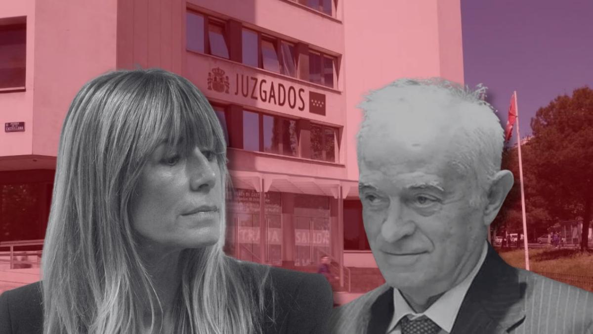 Begoña Gómez y el juez Juan Carlos Peinado con los juzgados de Plaza Castilla (Madrid) detrás.