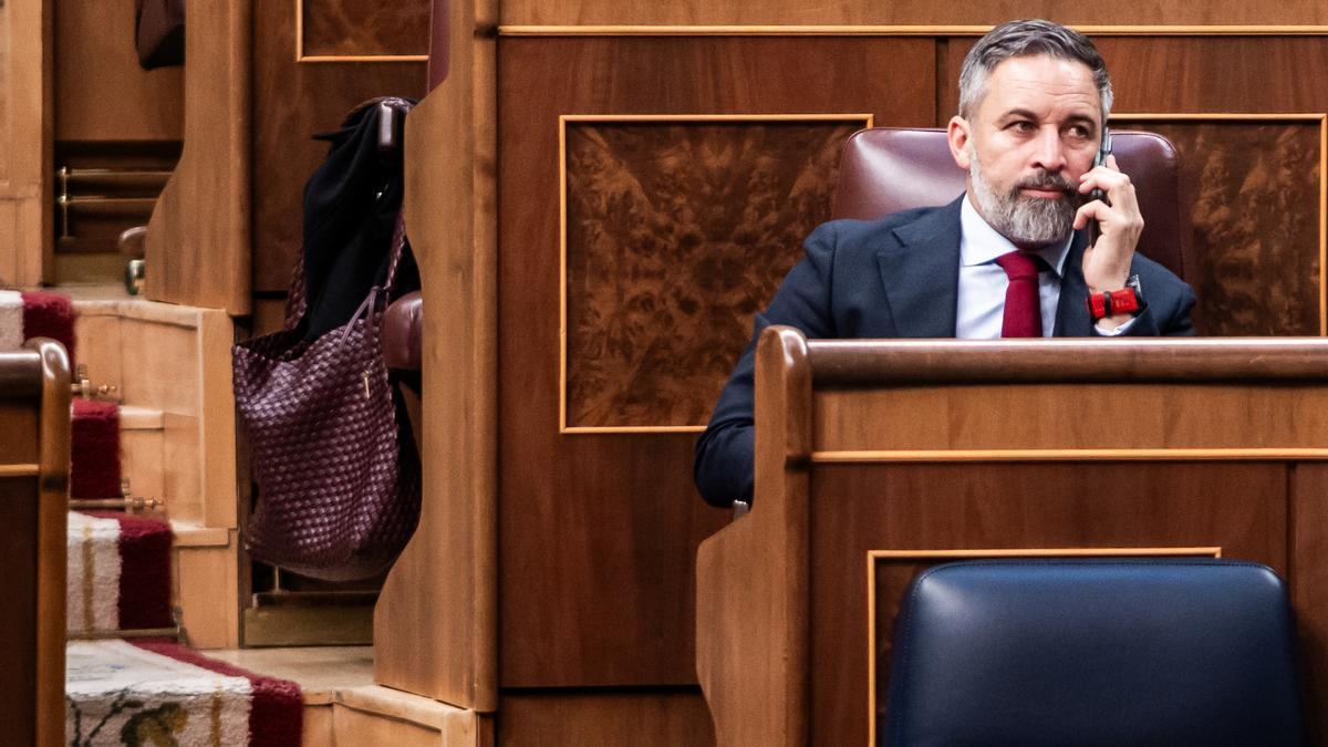 El presidente de Vox, Santiago Abascal, durante una sesión plenaria, en el Congreso de los Diputados.