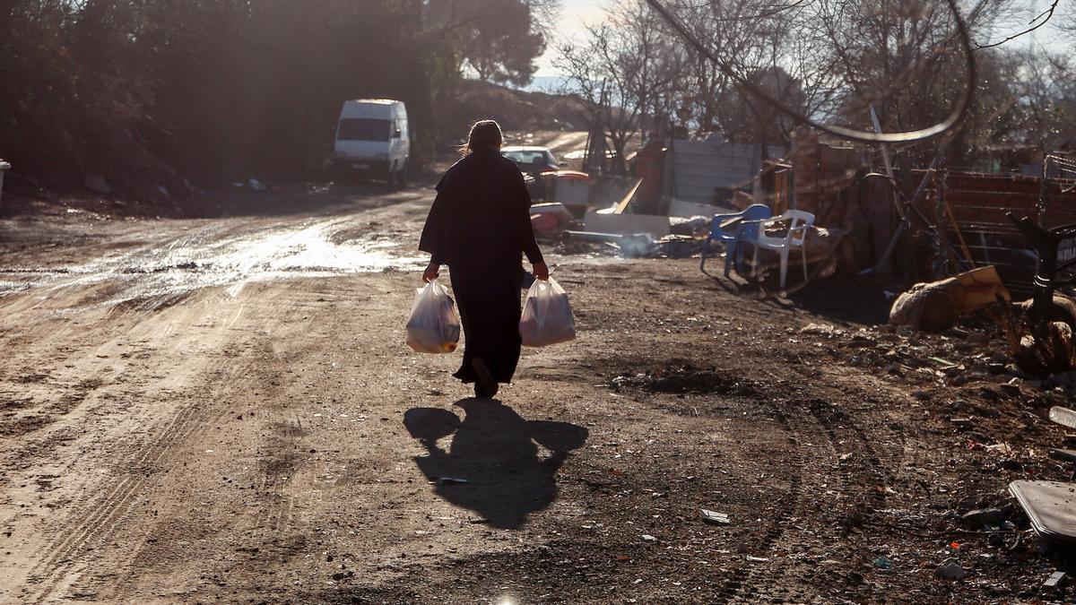 Una mujer camina con bolsas en la Cañada Real.