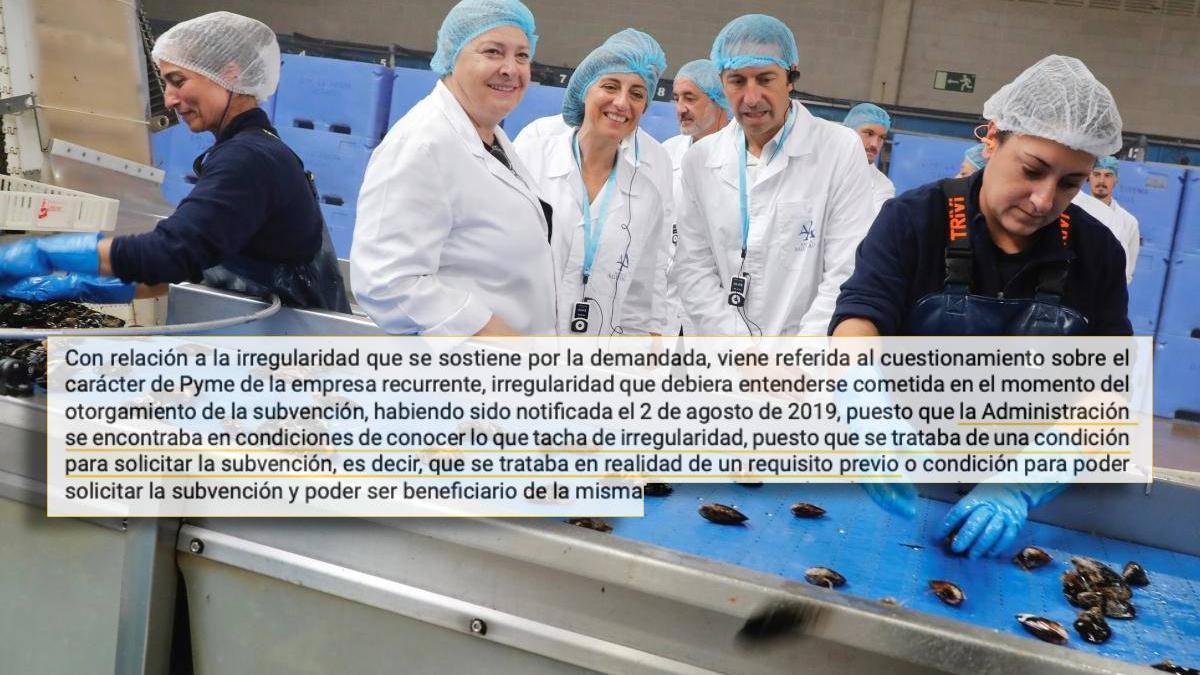 El entonces conselleiro do Mar y la conselleira de Medio Ambiente en una visita en 2023 a una planta del grupo Angulas Aguinaga en Cambados y un fragmento de una de las sentencias.