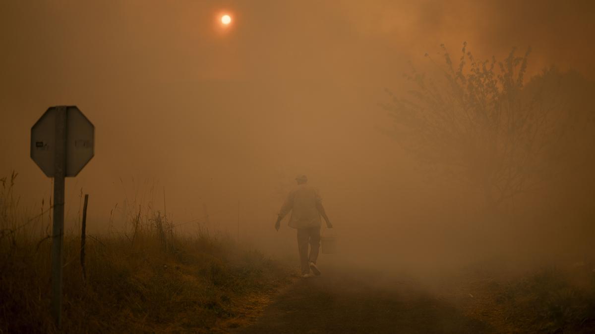 Vecinos trabajan en labores de extinción del incendio forestal de Carballeda de Avia (Ourense) este domingo.