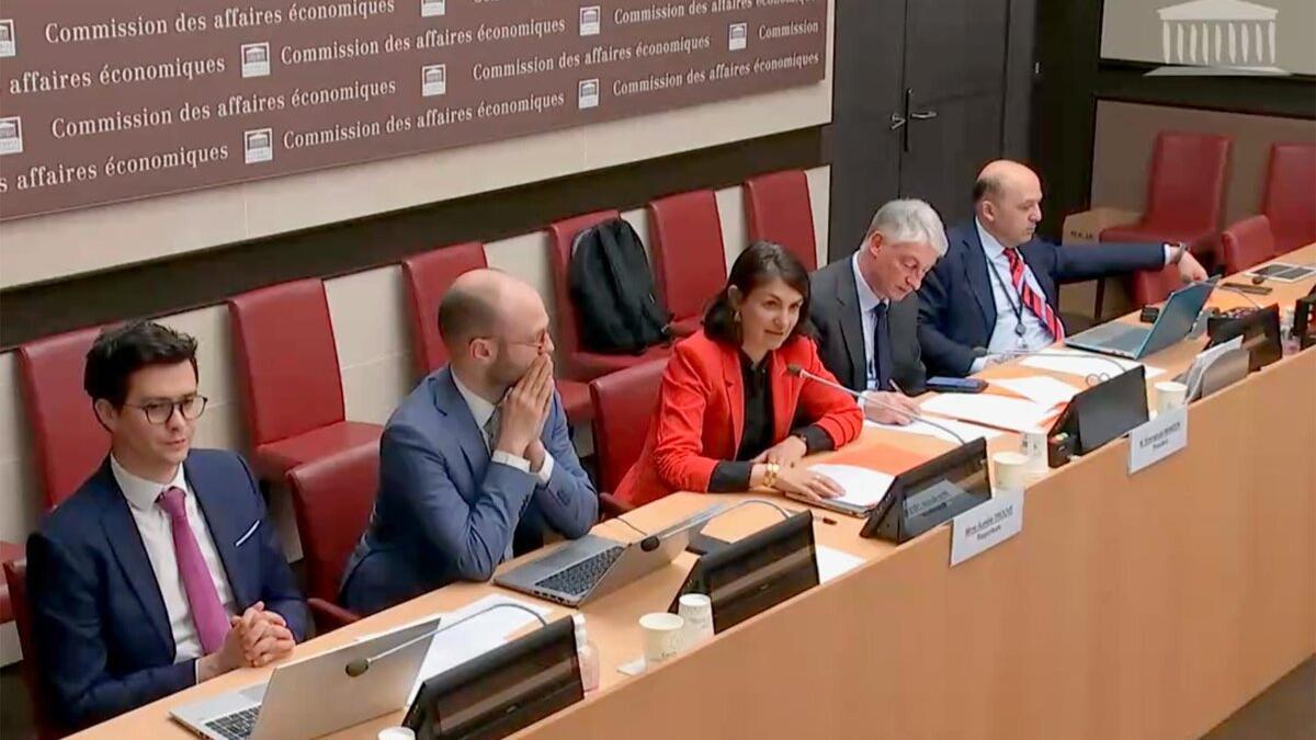 Aurélie Trouvé, Emmanuel Mandon y la comisión de investigación sobre la depredación de las capacidades productivas francesas por parte de los fondos especulativos en la Asamblea Nacional, el 30 de abril de 2026.