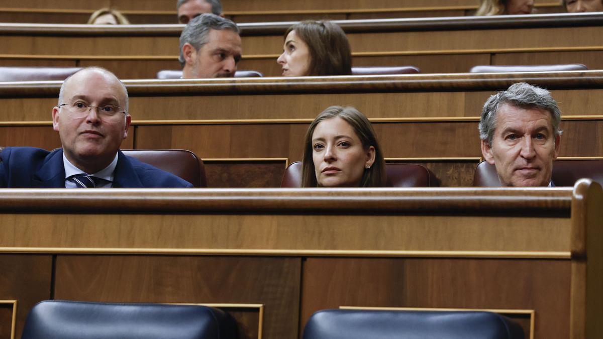 Miguel Tellado, Ester Muñoz y Alberto Núñez Feijóo durante el pleno extraordinario en el Congreso.