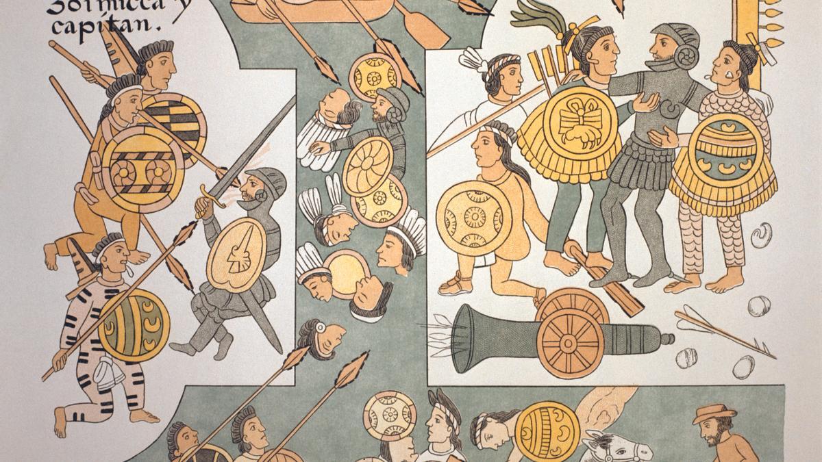La batalla de Tenochtitlán entre Cortés y Cuauhtémoc según el “lienzo de Tlaxcala” de mediados del siglo XVI.