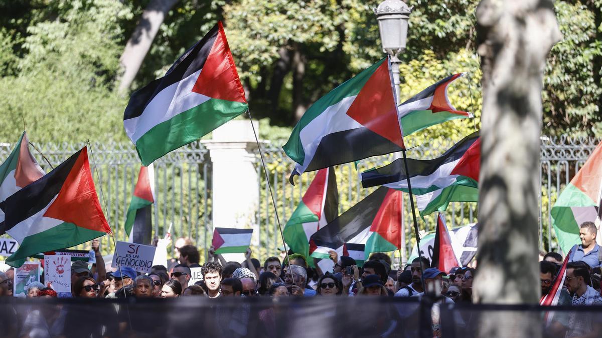 Cientos de personas protestan por la situación de Palestina en el Paseo de la Castellana.