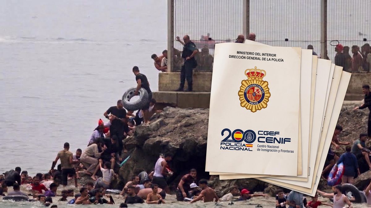 Fotografía del día 30 de julio en la frontera de Ceuta con recreación del informe del CENIF de la Policía Nacional.
