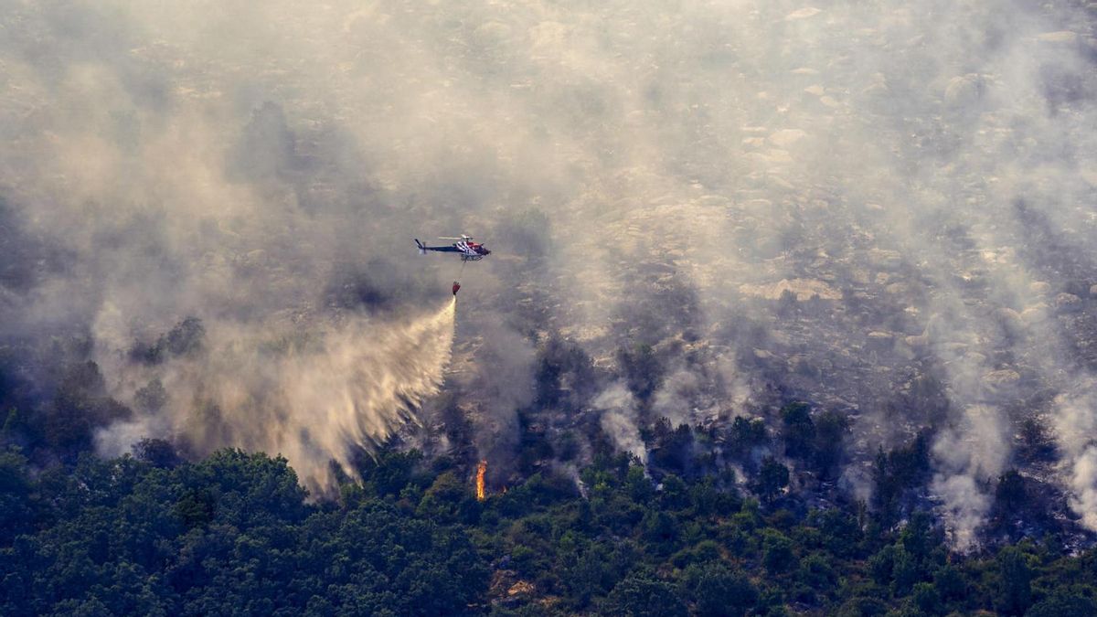 Medios aéreos trabajan en las labores de extinción del incendio entre las localidades abulenses de Burgohondo y Navaluenga, el pasado 23 de julio.