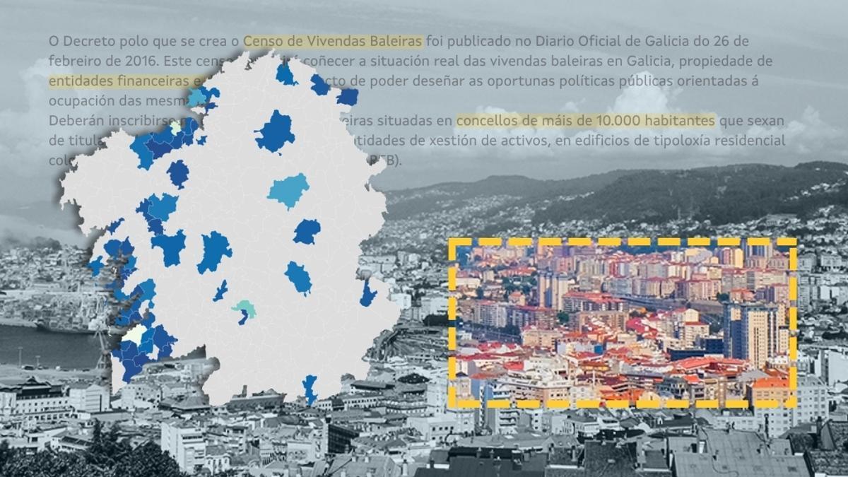 Mapa de los ayuntamientos de más de 10.000 habitantes y sus datos de viviendas vacías, sobre una imagen de la ciudad de Vigo.
