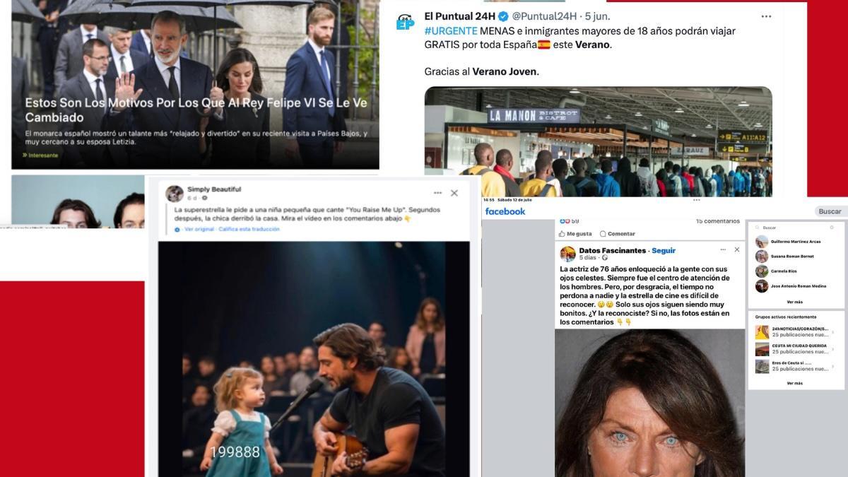 Ejemplos de granjas de contenidos y contenidos falsos generados por IA para redirigir tráfico en Internet.