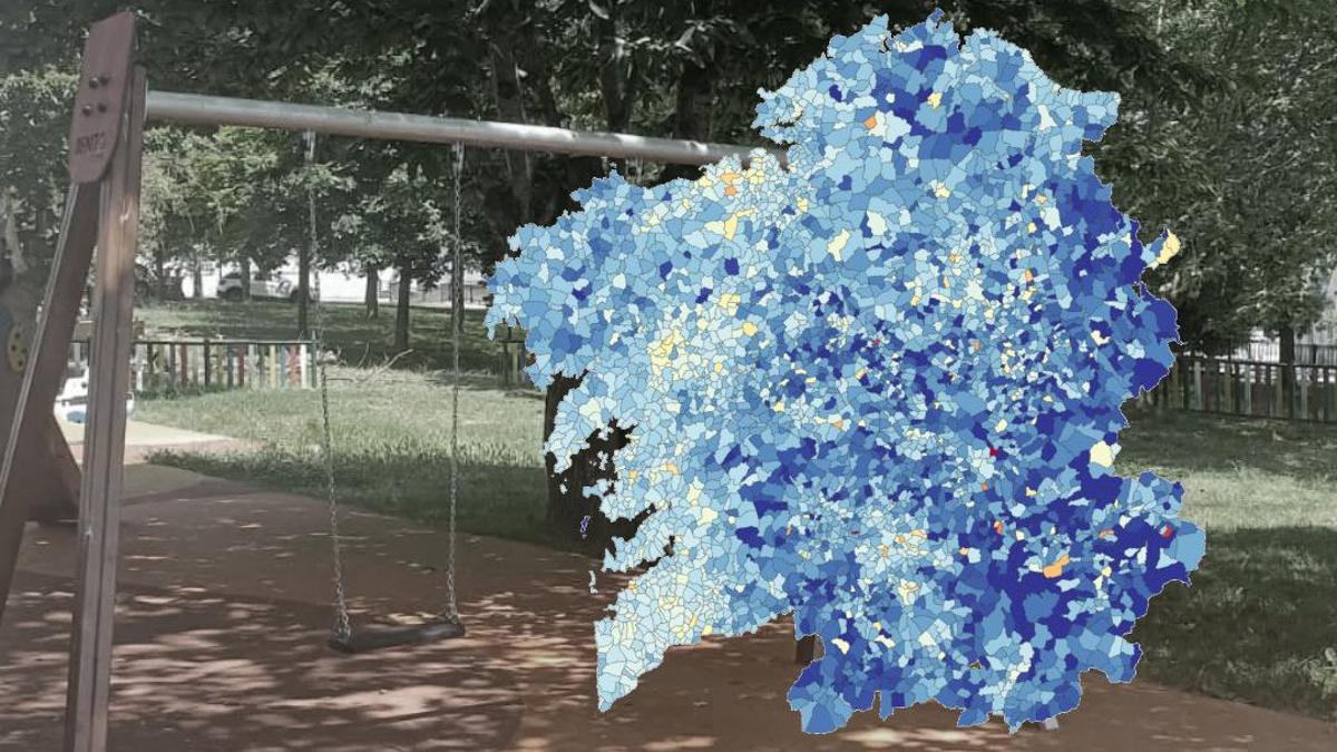 Porcentaje de población menor de 16 años en cada parroquia, sobre una imagen de un parque infantil en un concello rural.