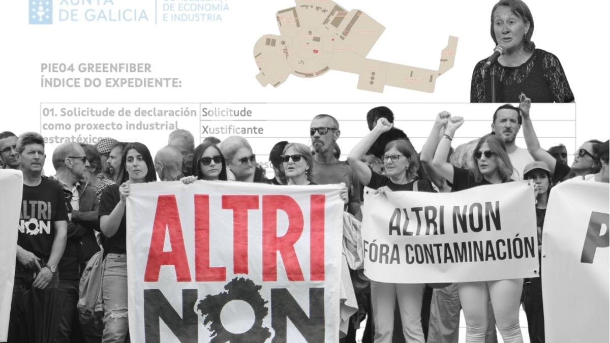 Manifestación contra Altri en junio de 2024, páginas de la ficha del proyecto e imagen de Carmen Martínez Insua, hasta ahora directora general de Patrimonio Cultural.