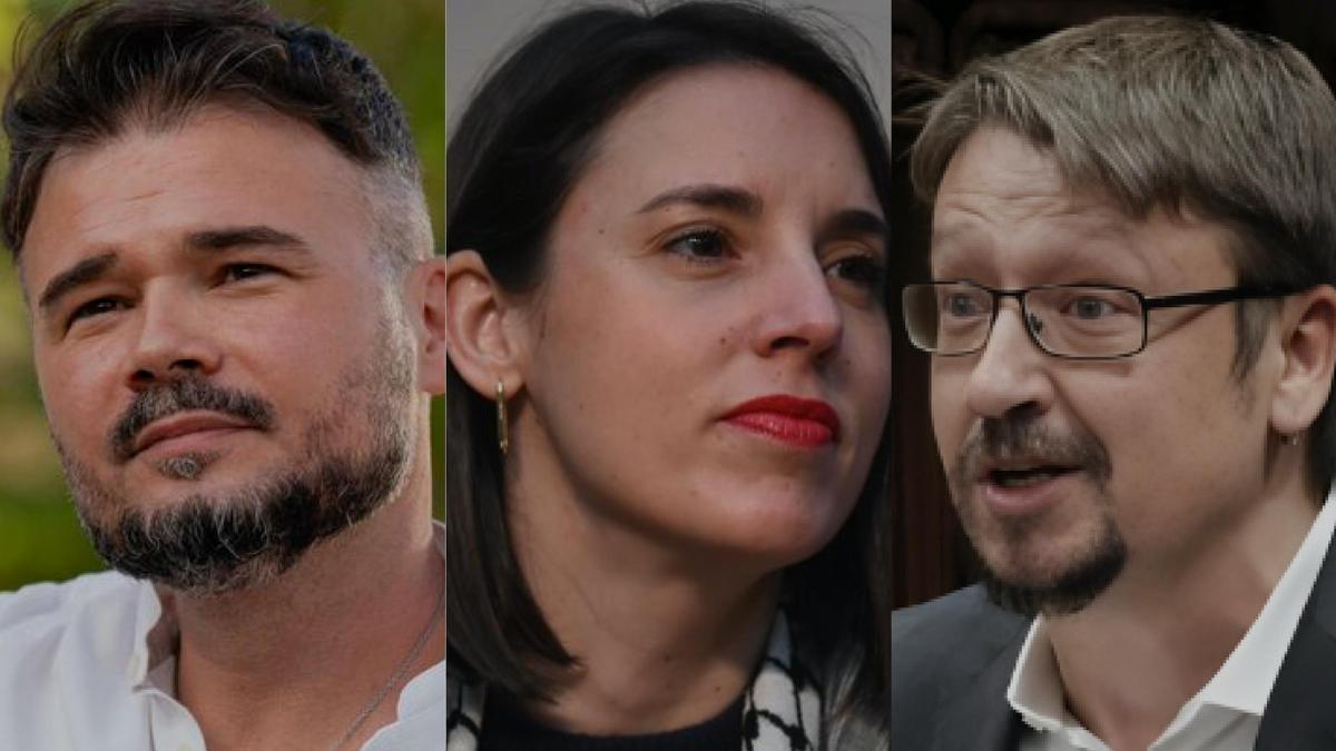 El portavoz de ERC, Gabriel Rufián, la eurodiputada Irene Montero y el exlíder de los comunes, Xavi Domènech