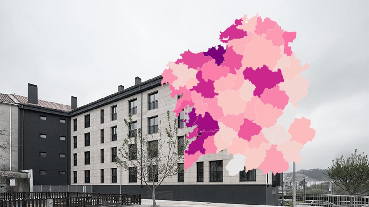 Número de nuevas viviendas visadas en cada comarca sobre la imagen de un edificio de viviendas de nueva construcción en Santiago de Compostela.