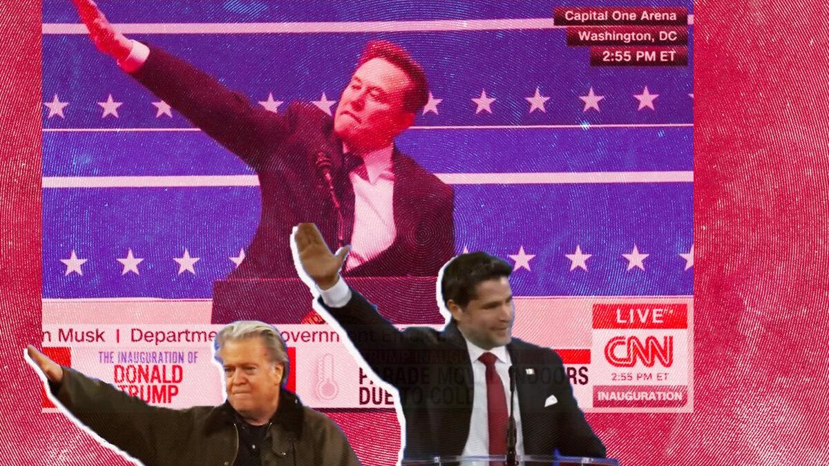 Elon Musk durante la concentración organizada con motivo de la segunda toma de posesión de Donald Trump, el 20 de enero de 2025; Steve Bannon y Eduardo Verástegui durante la CPAC (Conservative Political Action Conference) en Washington, en febrero de 2025.