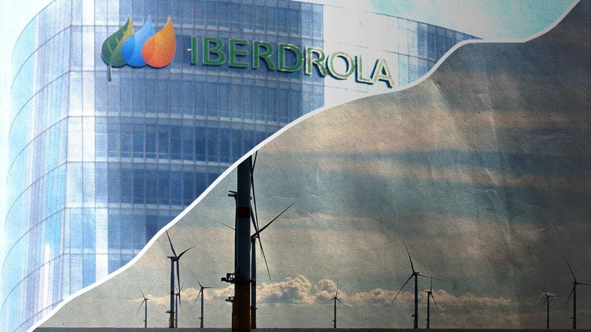 Fotomontaje de un edificio de Iberdrola y aerogeneradores.