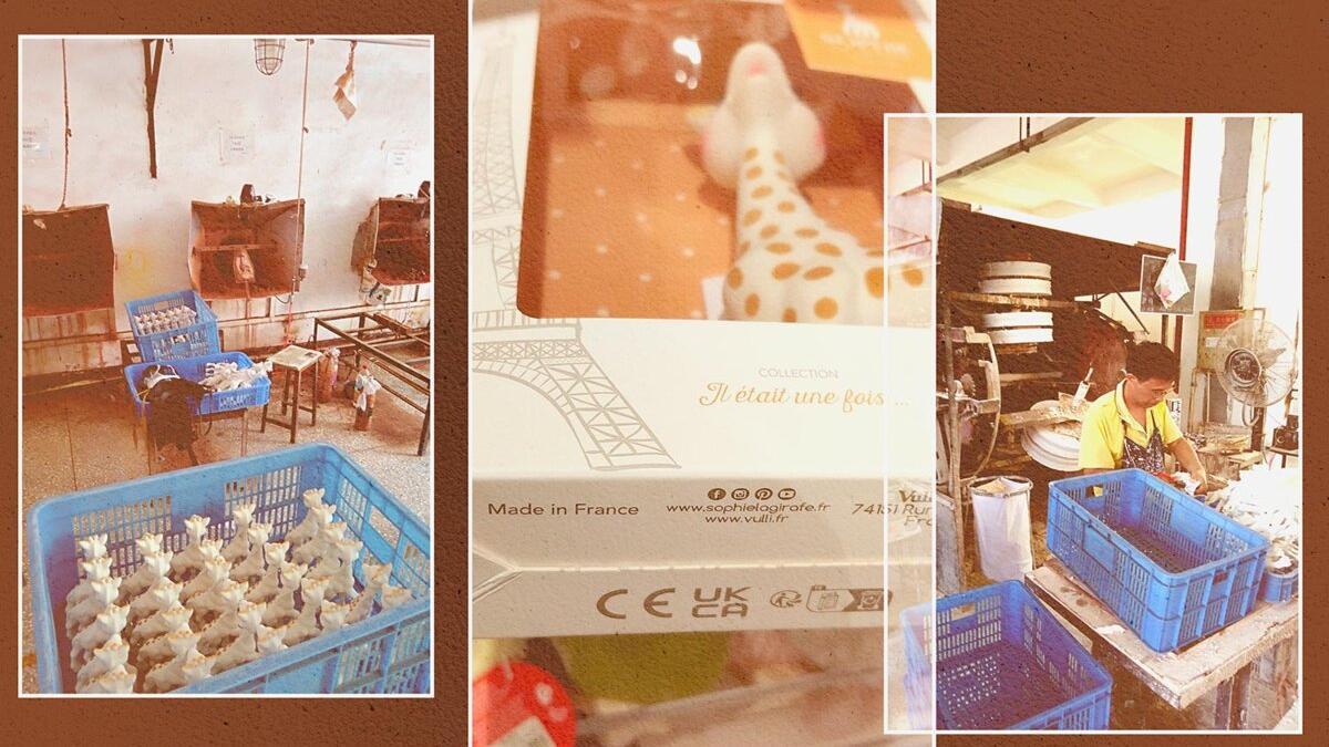 Talleres de fabricación de la jirafa Sofía en China. En una tienda, uno de estos juguetes con la etiqueta 'Made in France'.