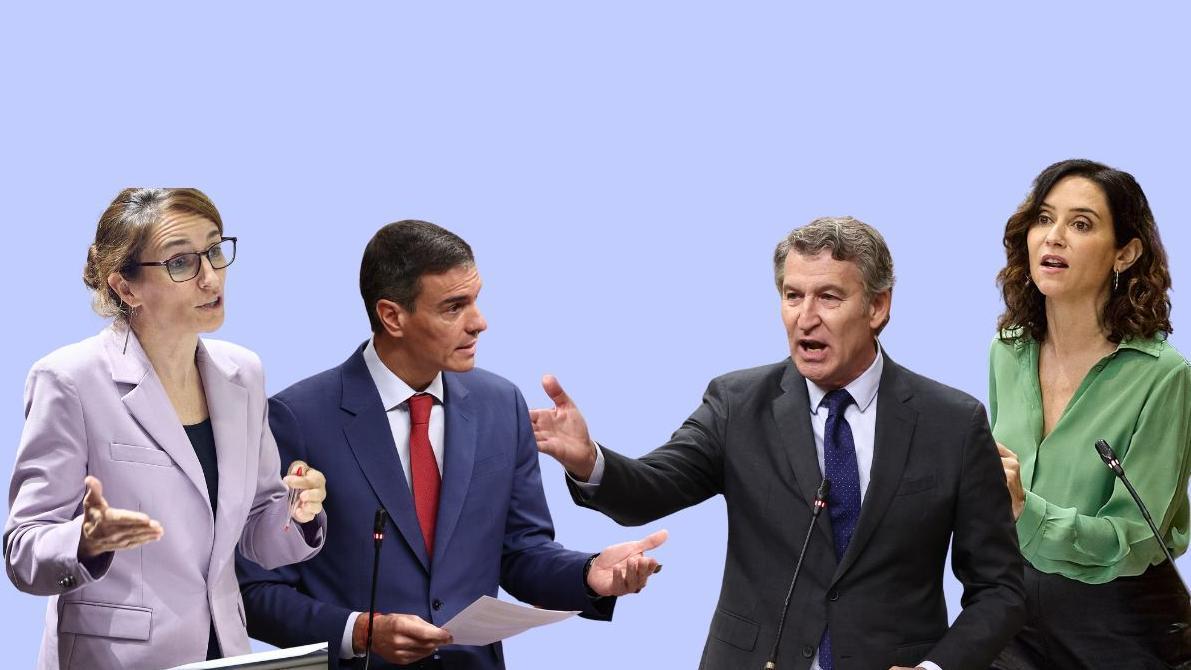 Fotomontaje de Mónica García, Pedro Sánchez, Alberto Núñez Feijóo e Isabel Díaz Ayuso.