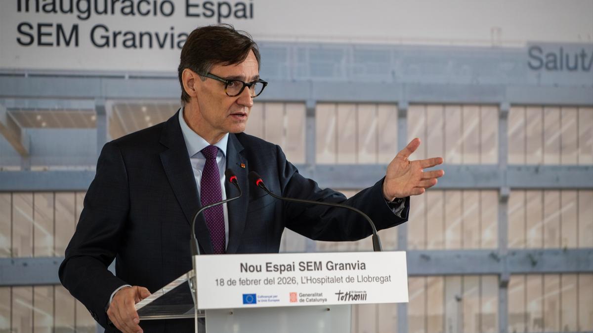 El presidente catalán de la Generalitat, Salvador Illa, interviene durante la inauguración de la nueva sede del SEM, este miércoles, en L´Hospitalet de Llobregat, Catalunya (España).