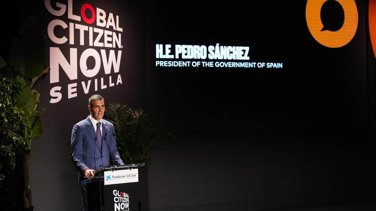 El presidente del Gobierno de España, Pedro Sánchez, durante la inauguración de la cumbre Global Citizen Now.