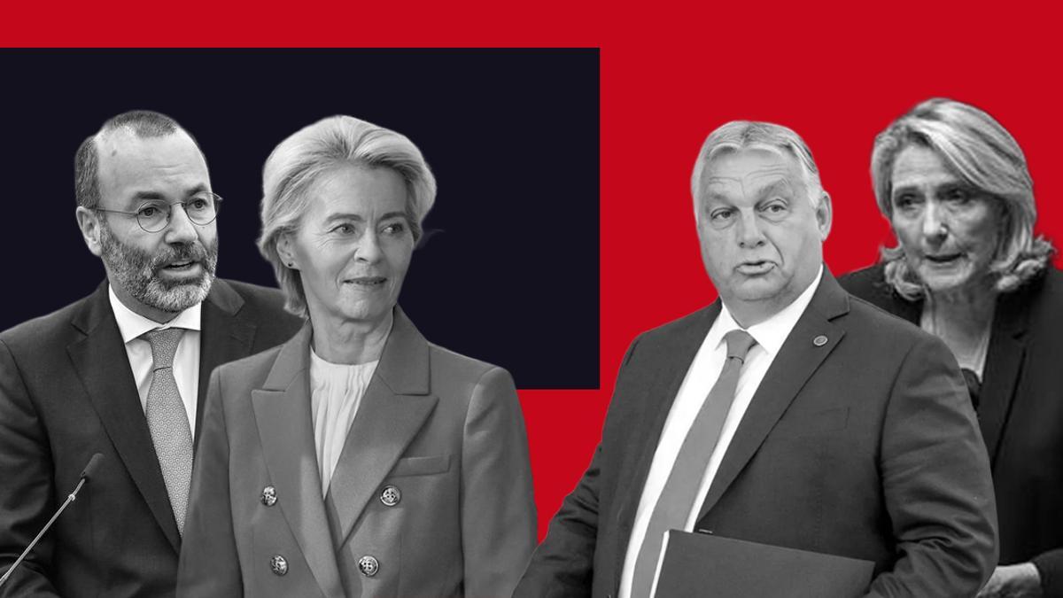Ursula von der Leyen y Manfred Weber, presidente del PPE, frente al húngaro Viktor Orbán y la francesa Marine Le Pen