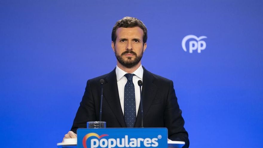 El presidente del PP, Pablo Casado, en una rueda de prensa en Génova.