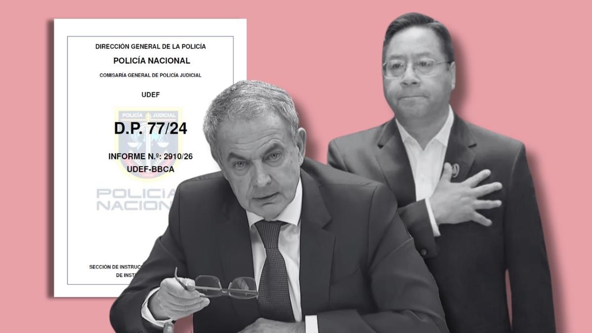 El expresidente Zapatero con el expresidente boliviano, Luis Arce, detrás y la portada del informe de la UDEF.