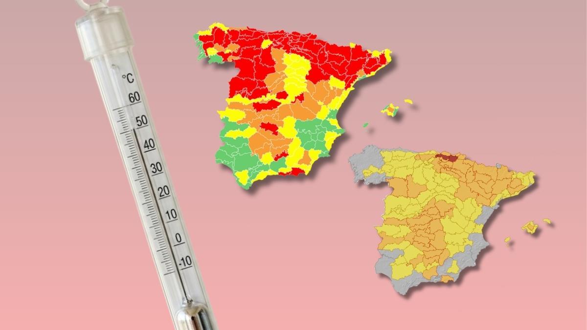 Montaje con los mapas de calor de este lunes de la Aemet y el Ministerio de Sanidad.