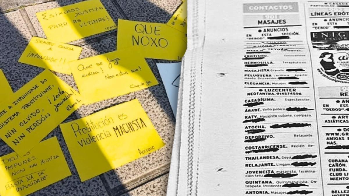 Antiguos anuncios de prostitución en un periódico impreso y acciones de denuncia a los proxenetas de la 'Operación Carioca'.