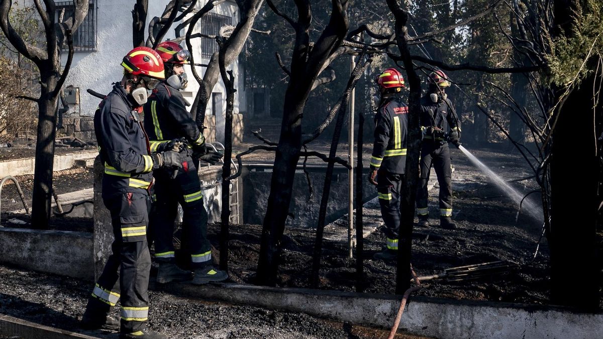 Varios bomberos colaboran en las labores de extinción, a 19 de agosto de 2026, en Aldea del Fresno, Madrid (España).