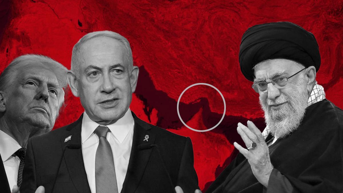 Fotomontaje de Donald Trump, Benjamín Netanyahu y el ayatolá Alí Jamenei.