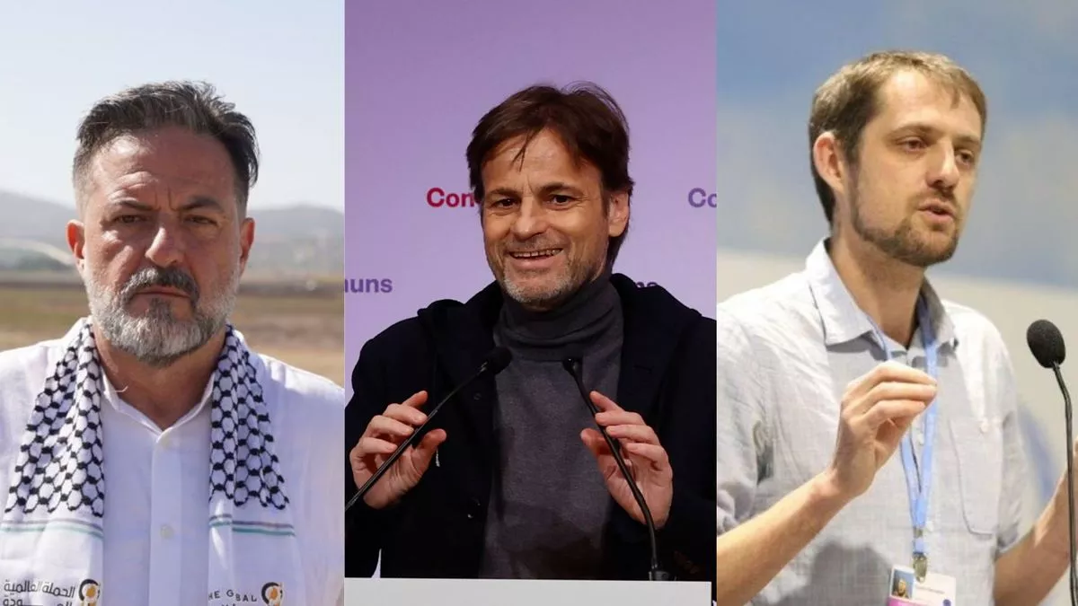 De izquierda a derecha: los representantes a las europeas de Izquierda Unida (Manu Pineda), comunes (Jaume Asens) y Verdes-Equo (Florent Marcellesi)