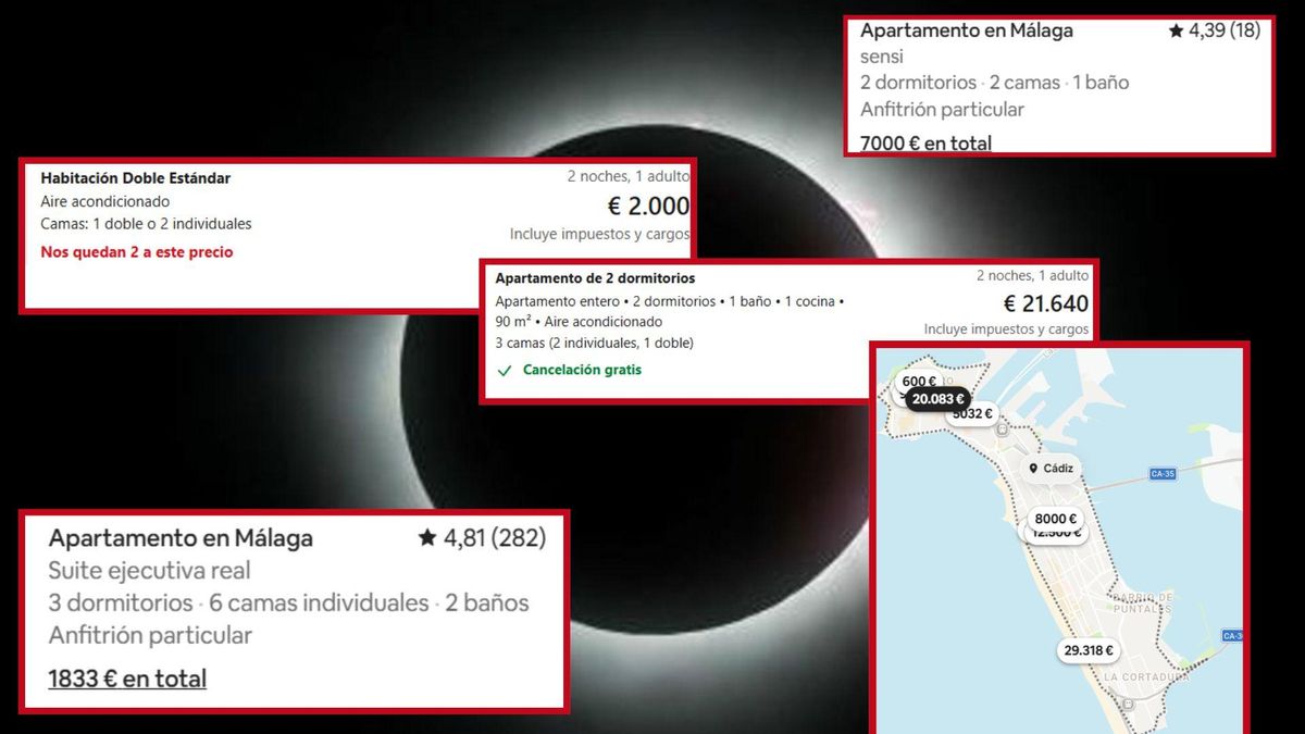 Montaje de ofertas de pisos turísticos y hoteles en portales inmobiliarios sobre una imagen del eclipse.