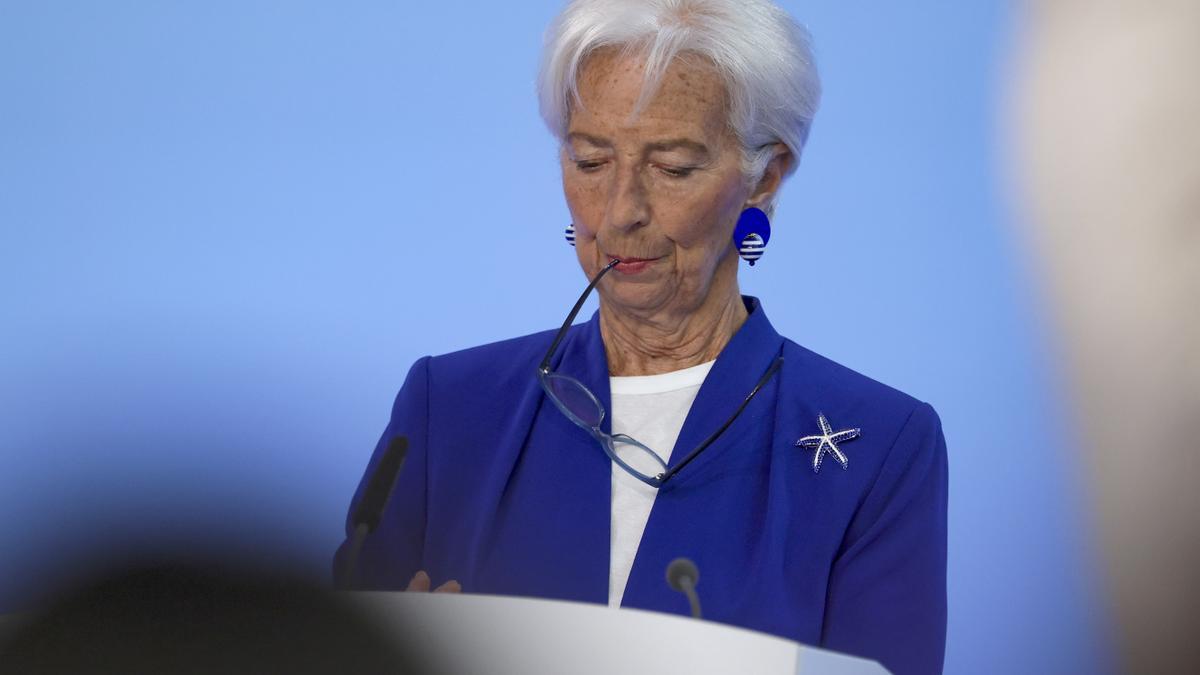 La presidenta del Banco Central Europeo  Christine Lagarde, en la rueda de prensa de este jueves en Frankfurt (Alemania).