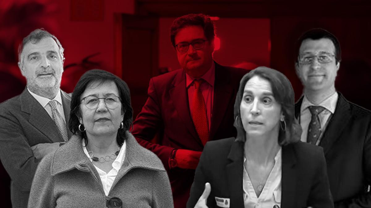 Álvaro Rengifo Abbad, presidente de la asociación de técnicos comerciales y economistas del Estado; Cristina Dexeus, presidenta de la Asociación de Fiscales; Ana de la Herrán Piñar, presidenta de la Asociación de Inspectores de Hacienda del Estado; y Alberto Bravo Queipo de Llano, de la Asociación de Secretarios, Interventores y Tesoreros de la Administración Local; con el ministro Óscar López al fondo