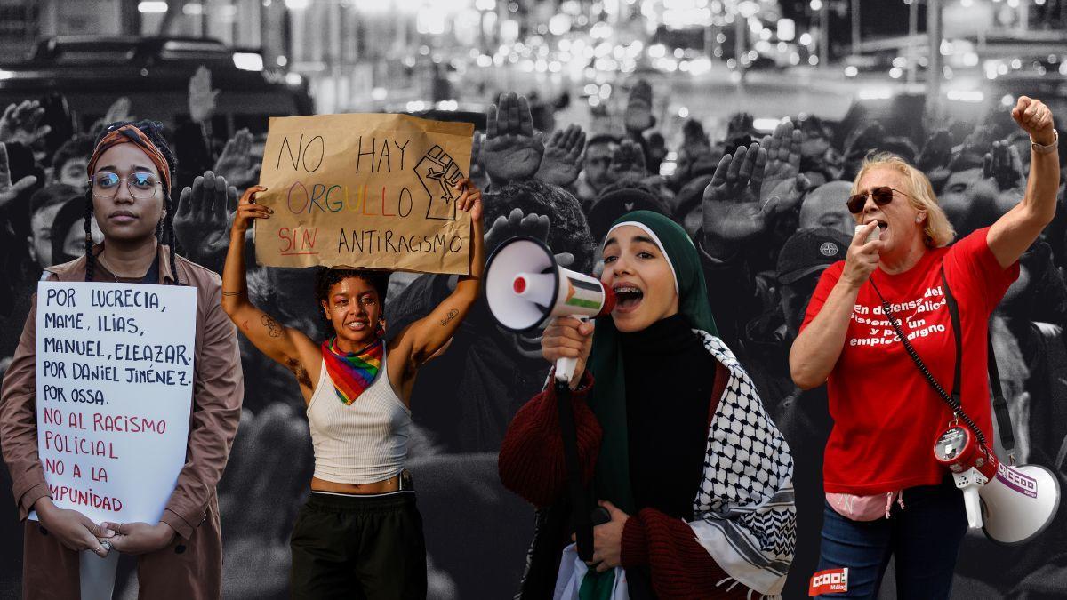 Montaje gráfico de varias manifestantes sobre una imagen en blanco y negro de una protesta ultra.