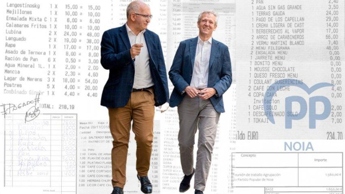 Alfonso Rueda, junto a Santiago Freire en un acto del partido en Noia en 2023, sobre copias de varias facturas.