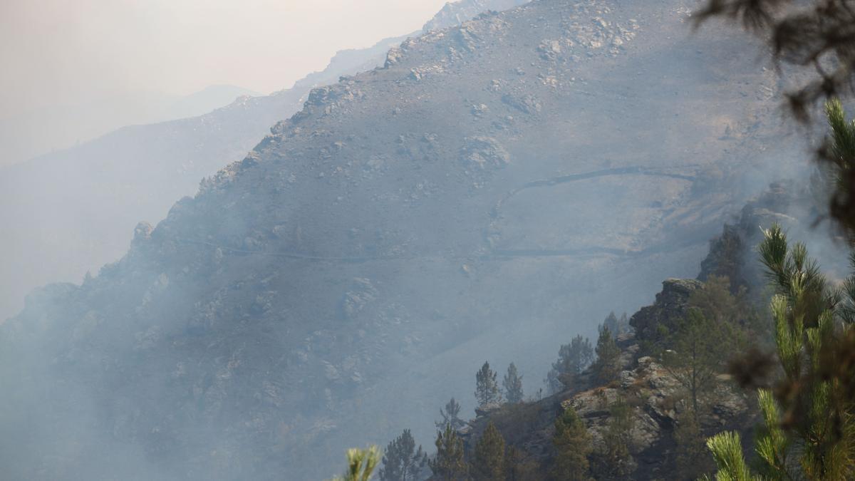 Vista de una zona afectada por el fuego en la parroquia de Bendollo (Quiroga).
