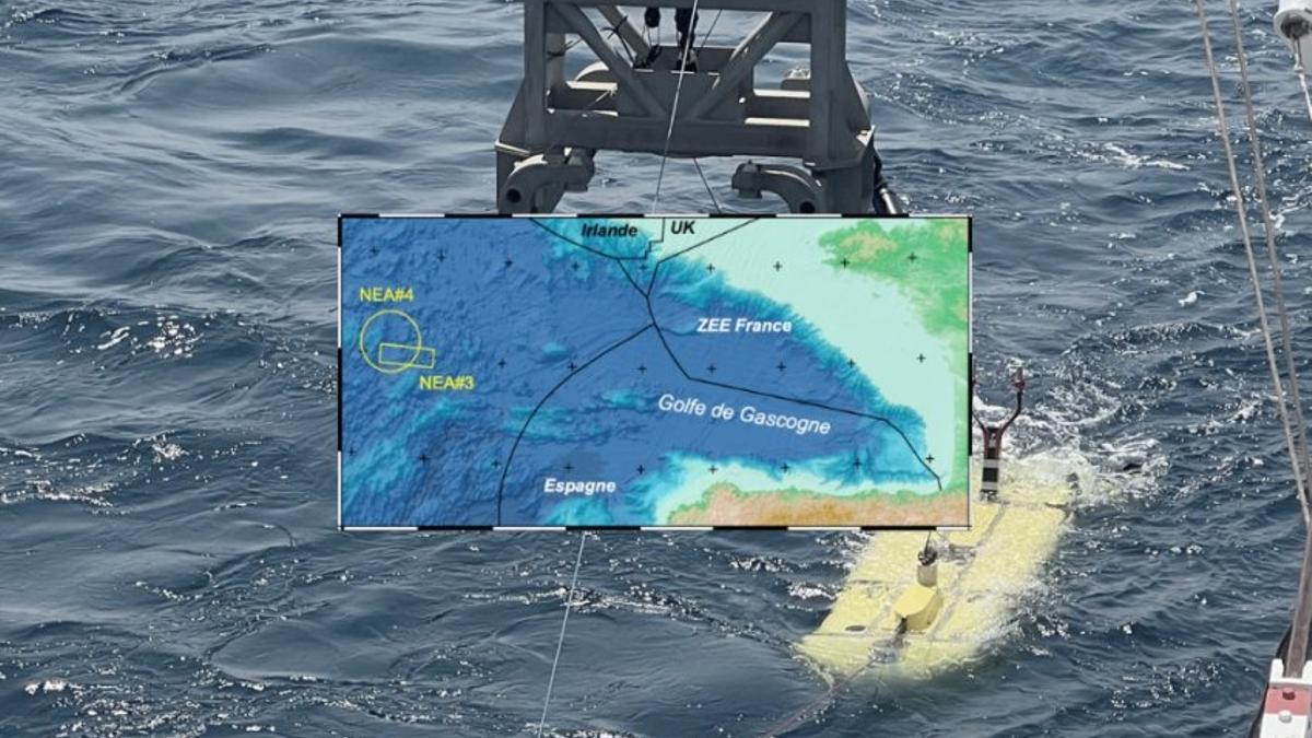 Mapa de la zona donde trabaja la misión Nodssum y vista del submarino robótico con el que trabajan.