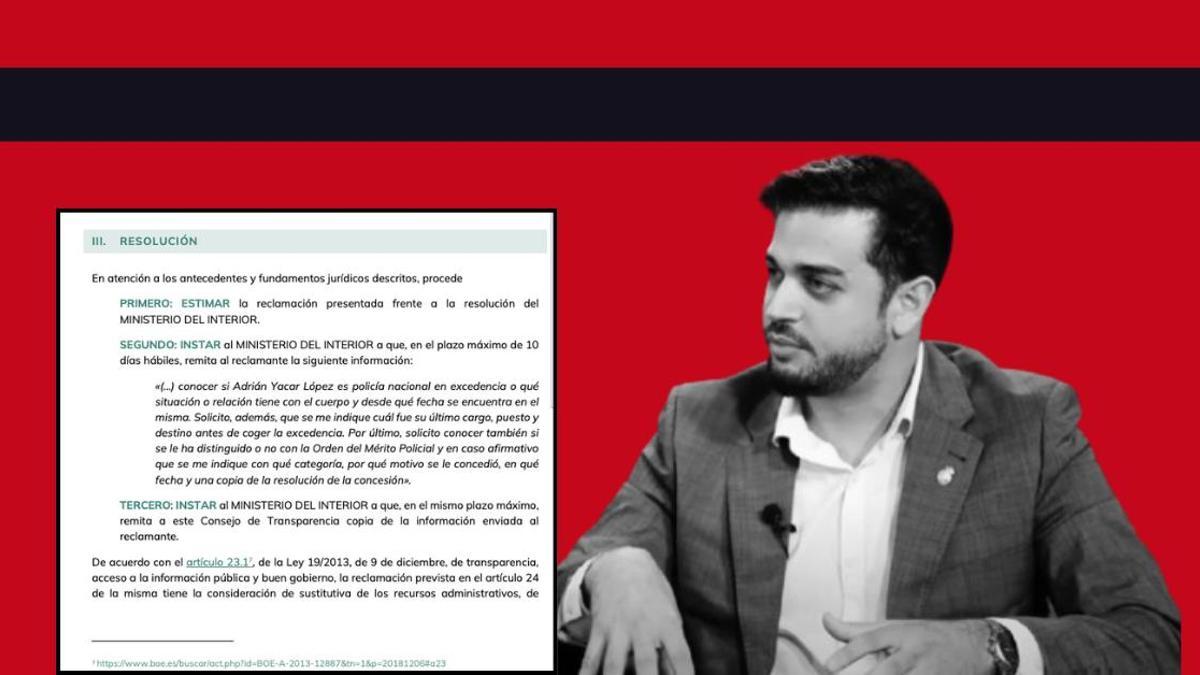 A la izquierda, captura de la resolución del Consejo de Transparencia y Buen Gobierno. A la derecha, el cabeza de lista de SALF en las elecciones andaluzas del 17 de mayo, Adrián Yacar.