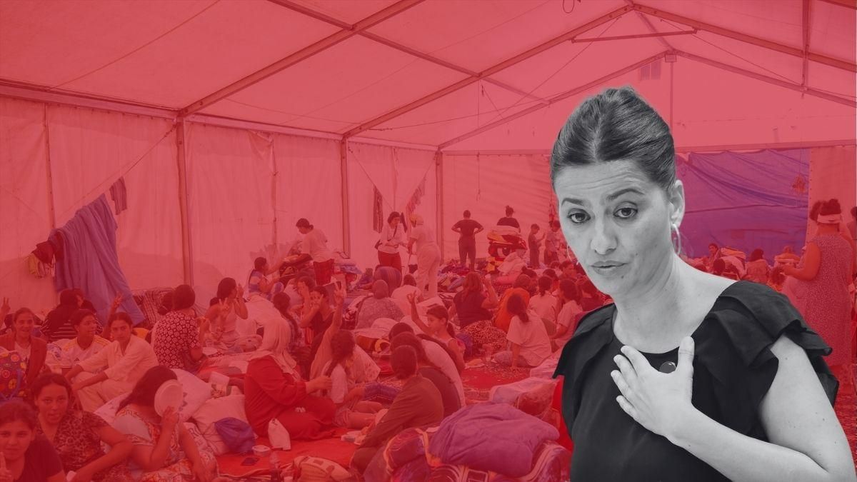 La ministra de Infancia Sira Rego y una carpa de menores en Ceuta.