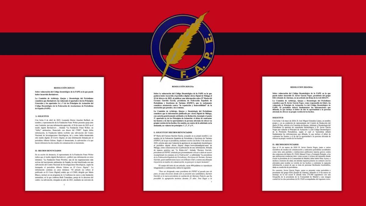 Montaje con tres resoluciones de la Comisión de Arbitraje, Quejas y Deontología y el logo de la FAPE.