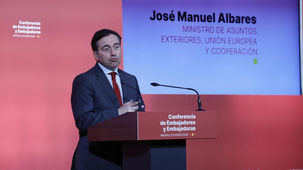 El ministro de Asuntos Exteriores, José Manuel Albares, interviene durante la clausura la X Conferencia de embajadores.