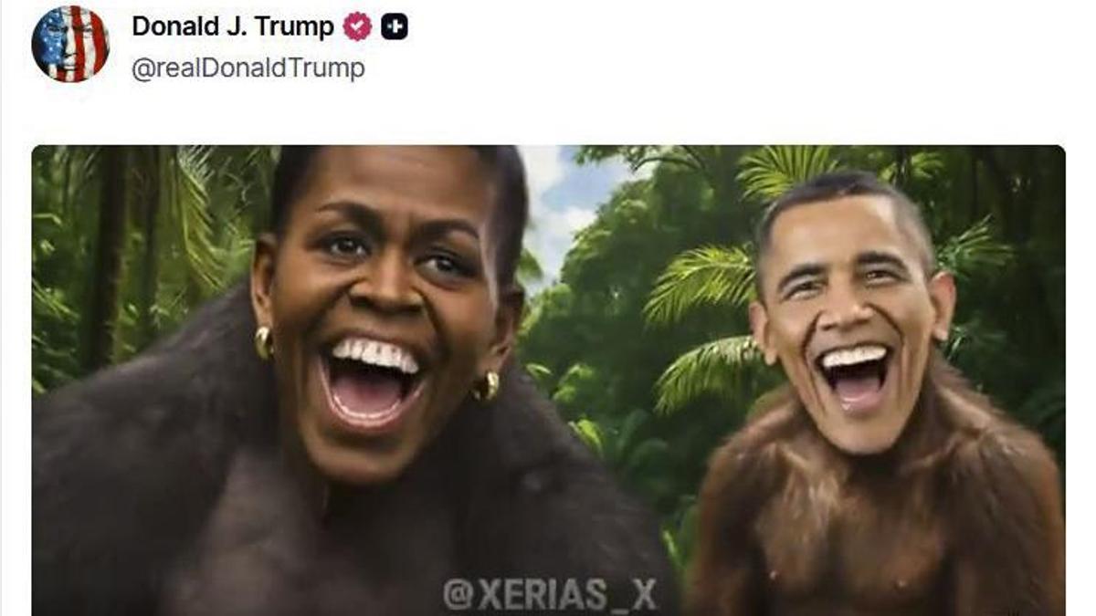 El expresidente Obama y su esposa caracterizados como unos monos en un vídeo publicado por Trump.