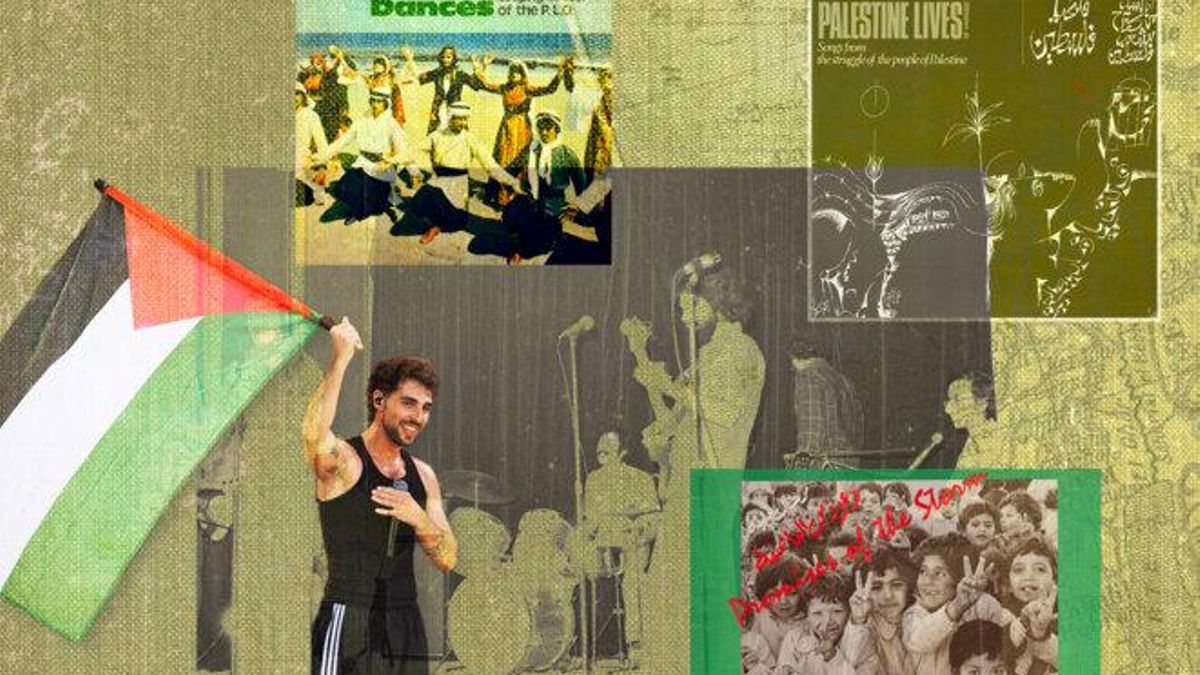 Montaje que muestra al artista Saint Levant y portadas de discos de grupos palestinos.