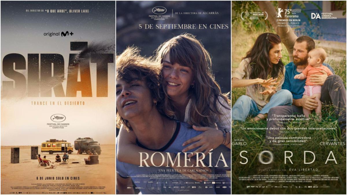 Los cárteles de las tres películas españolas preseleccionadas para los Óscar: 'Sîrat', 'Romería' y 'Sorda'.