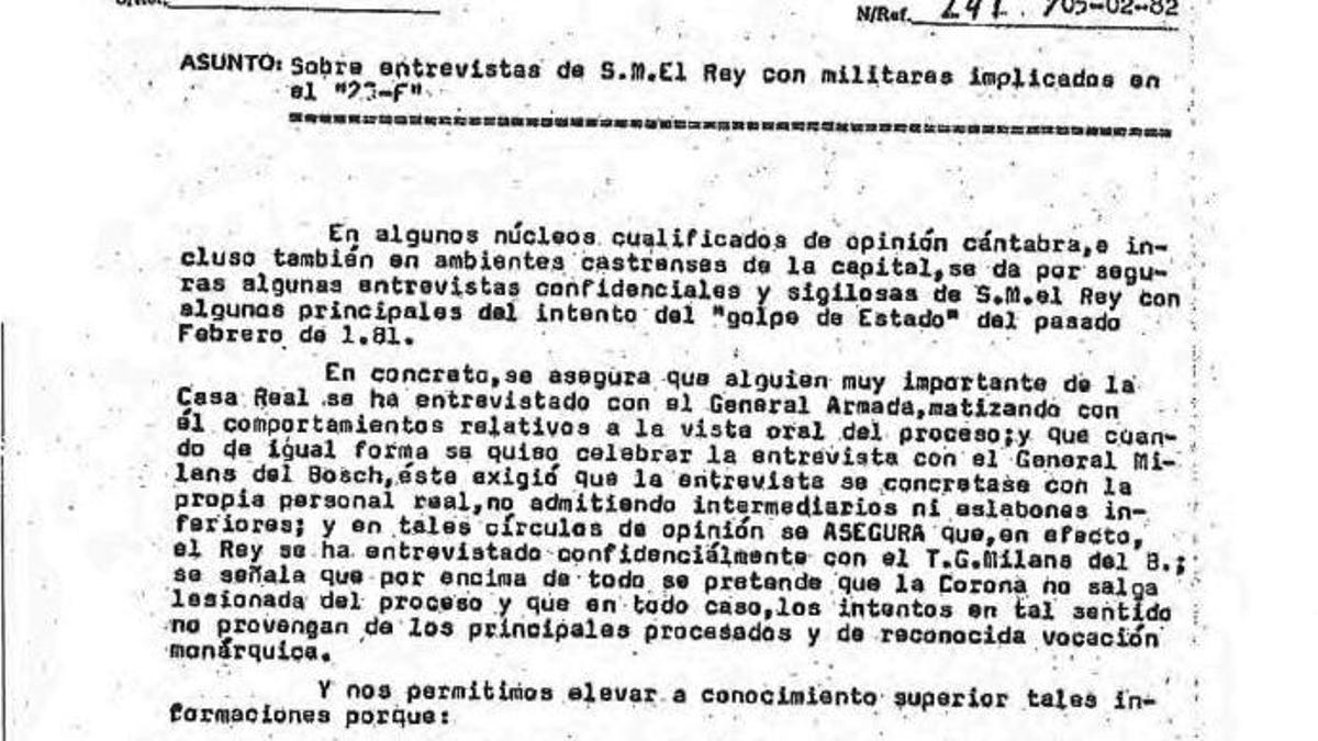 Documento desclasificado que refleja que en esos círculos "se dan por seguras algunas entrevistas confidenciales y sigilosas de S.M. el rey" con algunos de los principales implicados.