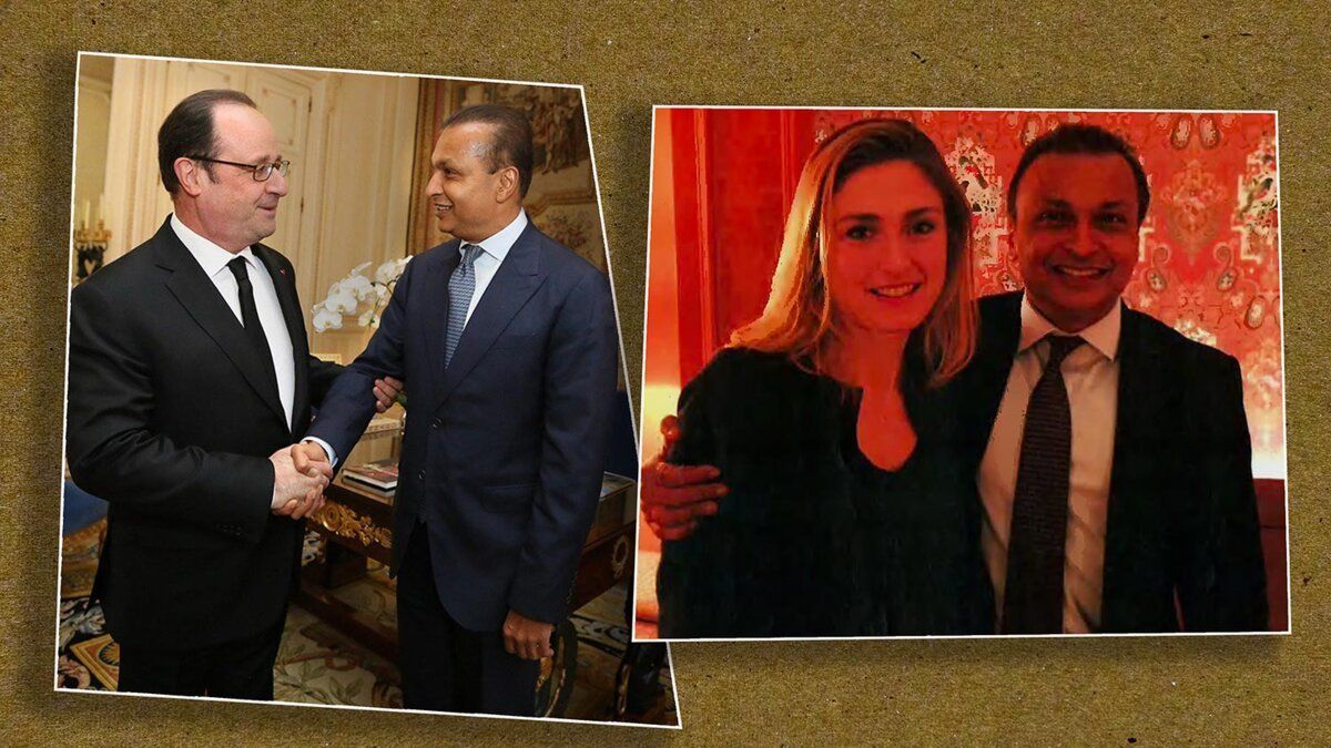 A la izquierda, François Hollande y Anil Ambani en el Elíseo en febrero de 2017. A la derecha, Julie Gayet y el empresario indio en el hotel Bristol en abril de 2016.