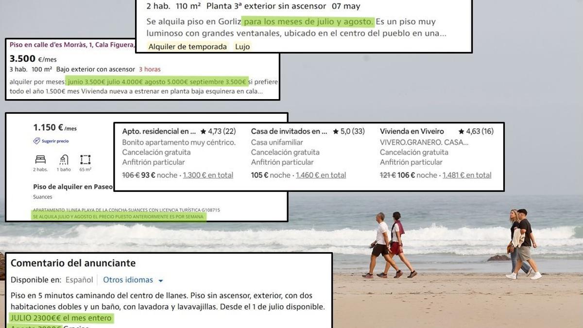 Anuncios de portales inmobiliarios en Baleares, Asturias, Galicia y País Vasco sobre un fondo de personas paseando por una playa.