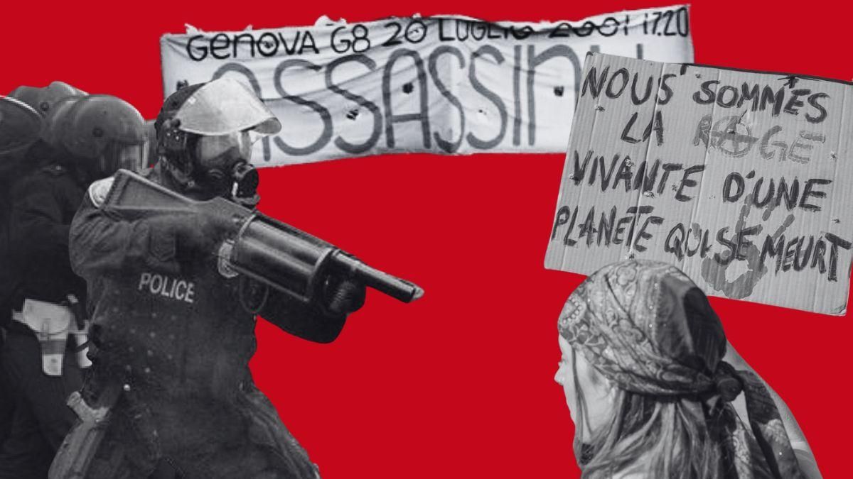 Policías durante las manifestaciones de Seattle de 1999, cartel de la manifestación de Génova de 2001 y manifestante en Ginebra en la manifestación de 2026.